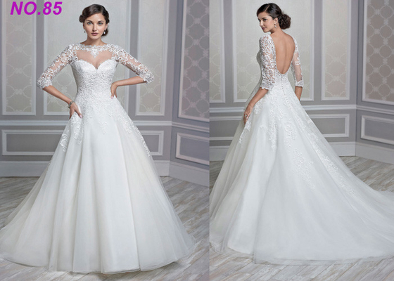 Vestido de boda de la princesa Bride de las mujeres de marfil imponentes con las mangas y el tren largos