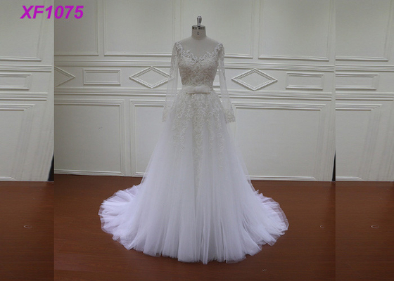 Vestido caído del vestido de boda de la muselina de la cintura/de boda del Applique del cordón de la artesanía
