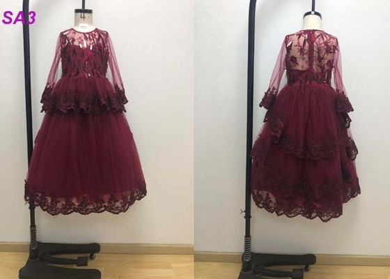 Vestidos del florista de vino de los niños inspirados flor del rojo con las mangas largas goteadas