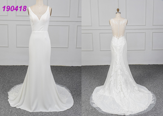 El vestido de boda sin mangas del crespón Vestido De Noiva Lace Appliques diseño de la envoltura