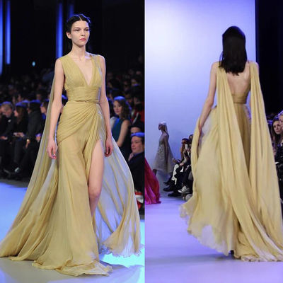 Vestidos de noche largos rajados alto trasero atractivo profundo del estilo de V para las mujeres, vestido de la gasa del banquete