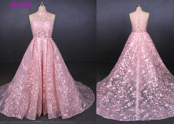 Vestido nupcial del cordón de boda de la cola desprendible sin mangas muy escotada por detrás con tirante y espalda descubierta rosada del vestido