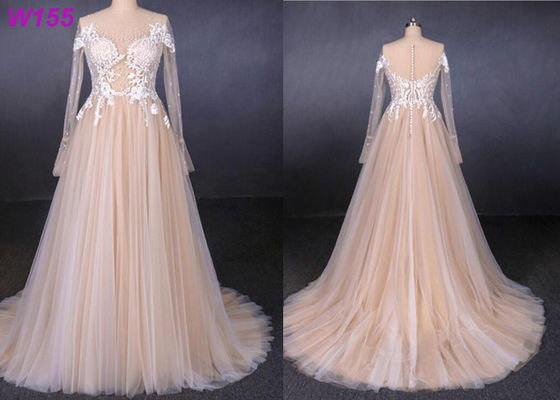 Vea de largo a través el cordón una línea vestido de boda femenino de Tulle con gotear de las perlas