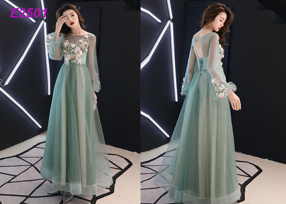 El azul del rosa del verde del vestido de fiesta floral colorea el vestido de noche largo de Tulle de las mangas globo